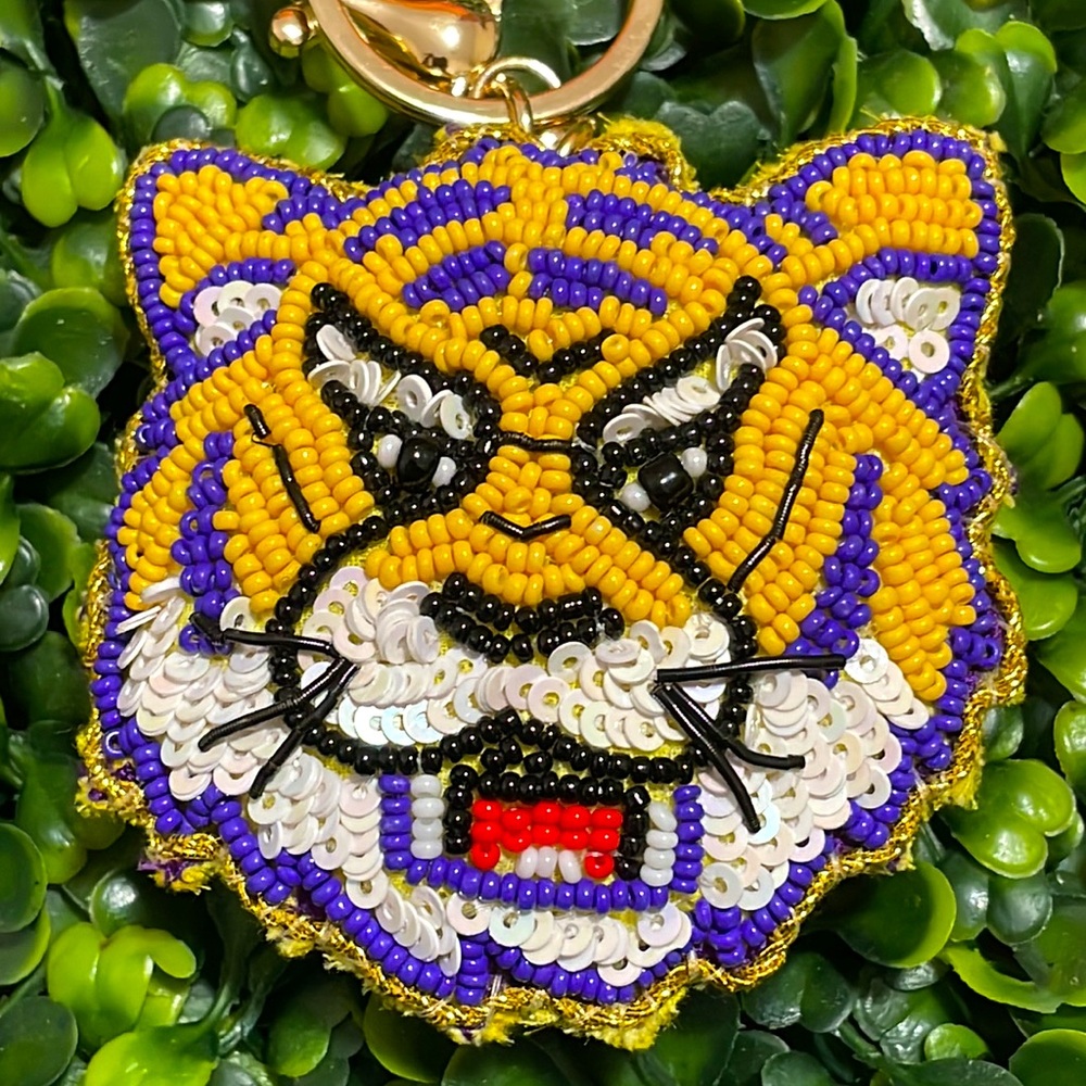 🎉💜 NEW Purple Gold Tiger Beaded Sequin Keychain LSU Game Days - Picture 2 of 3